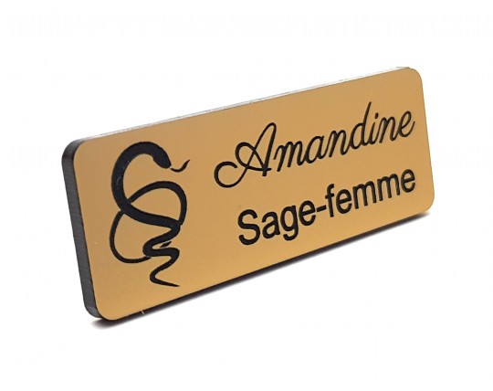 Badge sage-femme personnalisé or brossé acrylique caducée sage-femme