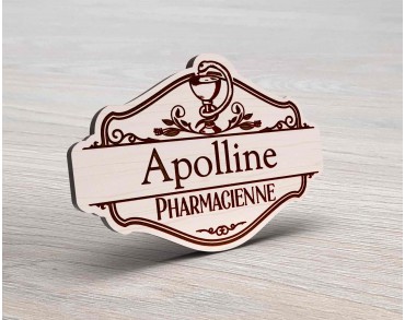 Badge en bois pharmacien personnalisé caducée vintage