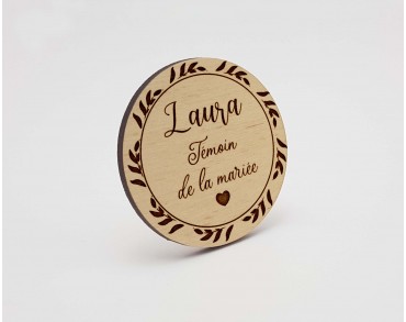 Badge en bois personnalisé, mariage famille témoin invités