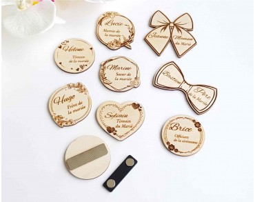 Badge en bois personnalisé, mariage famille témoin invités