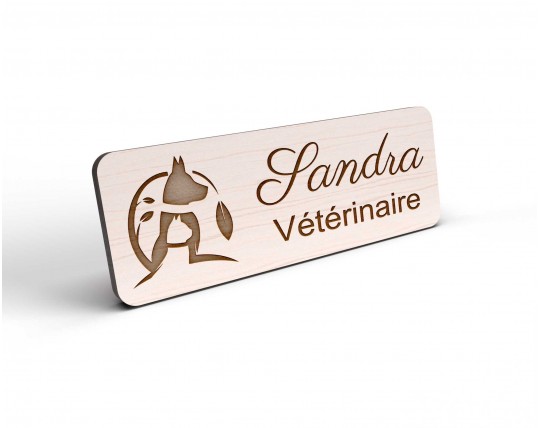 Badge personnalisé vétérinaire en bois logo chien chat