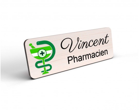 Badge pharmacien en bois et couleur personnalisé caducée pharmacie