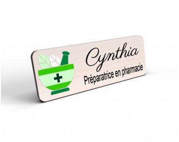 Badge préparatrice en bois et couleur personnalisé pharmacie mortier