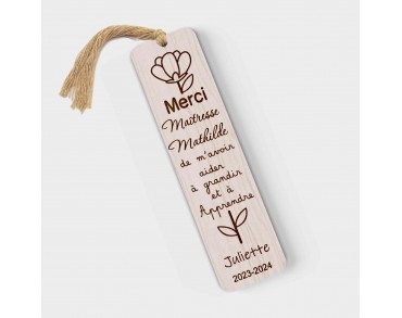 Marque page en bois personnalisable Maîtresse Maitre fleur