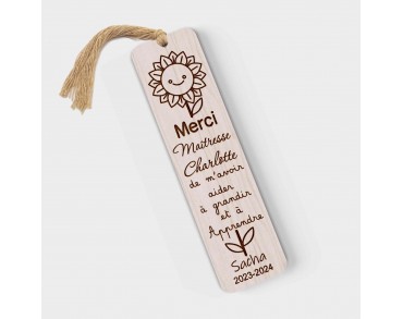 Marque page en bois personnalisable Maîtresse Maitre fleur smiley