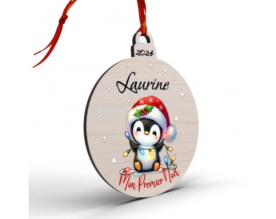 Boule de Noël en Bois Personnalisée avec pingouin guirlande colorée Mon Premier Noël