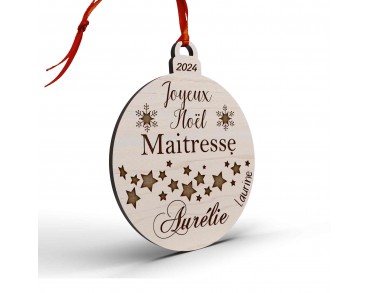 Boule de Noël en bois personnalisée maîtresse, maître, atsem, nounou étoiles