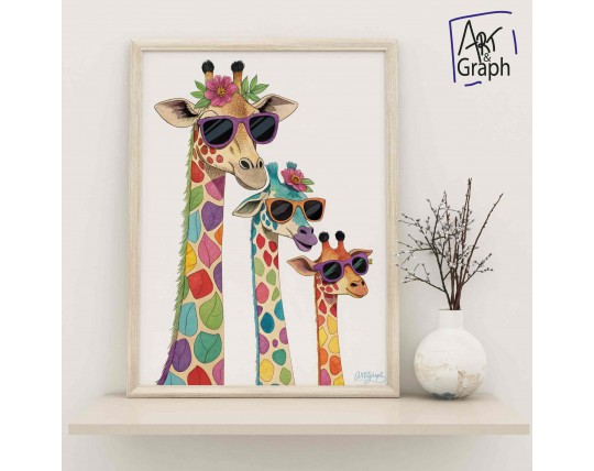 Affiche Numérique Girafes Colorées avec Lunettes de Soleil